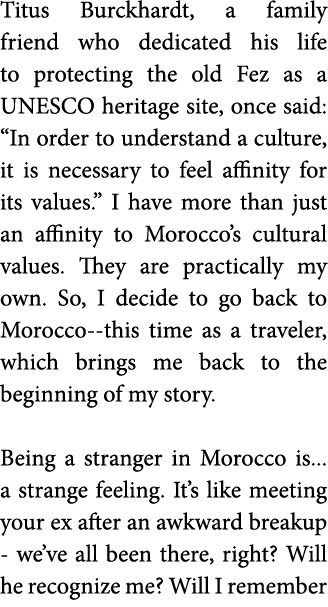 Titus Burckhardt  a family friend who dedicated his life to protecting the old Fez as a UNESCO heritage site  once sa   