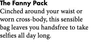 The Fanny Pack Cinched around your waist or worn cross-body  this sensible bag leaves you handsfree to take selfies a   