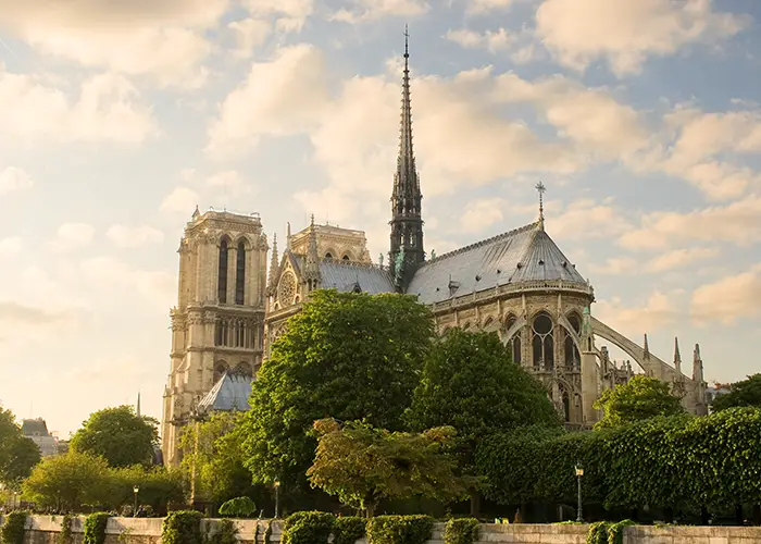 A scenic view of the historic Notre Dame Cathedral in Paris
