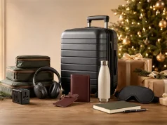 The Best Gifts for Travelers: Practical Ideas They Will Actually Use Holiday travel gifts arranged around a carry-on suitcase, including packing cubes, headphones, a travel adapter, passport holder, water bottle and sleep mask.