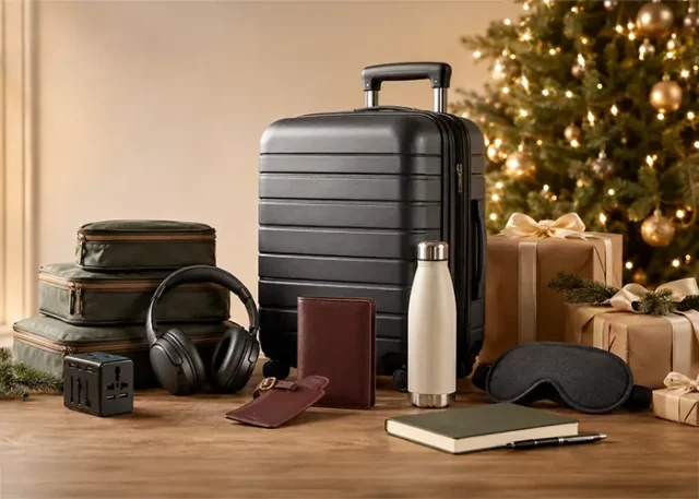 Holiday travel gifts arranged around a carry-on suitcase, including packing cubes, headphones, a travel adapter, passport holder, water bottle and sleep mask.