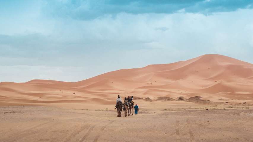 person riding on camel across the desert
