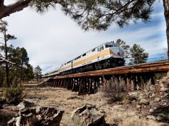 Spring Train-ing Starts February 27 in Arizona on the Grand Canyon Railway train going through the Grand Cayon