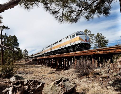 Spring Train-ing Starts February 27 in Arizona on the Grand Canyon Railway train going through the Grand Cayon