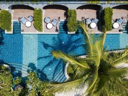 looking down at a hotel pool