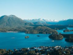 Tofino Resort + Marina attains Ocean Friendly Business Designation flying over Tafino BC