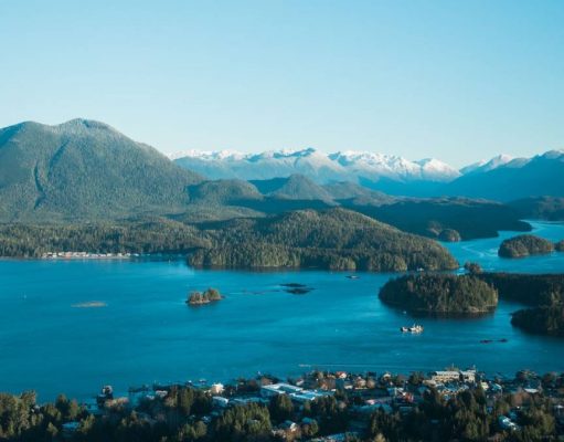 Tofino Resort + Marina attains Ocean Friendly Business Designation flying over Tafino BC