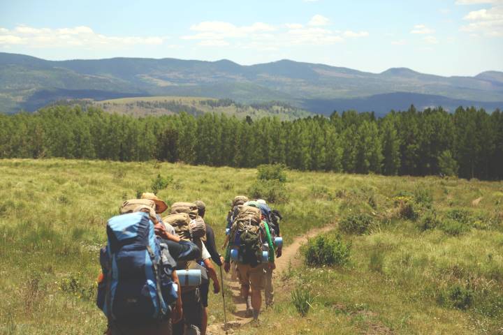 group hiking through a meadow