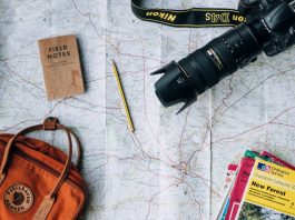 tavelling map bag, camera, travel guides