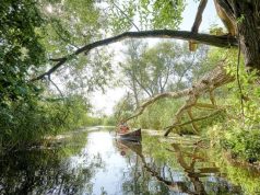 Campaign ‘Feel Good’ promotes sustainable travel in Germany Mescherin:Woman with dog is canoeing; at the Oder