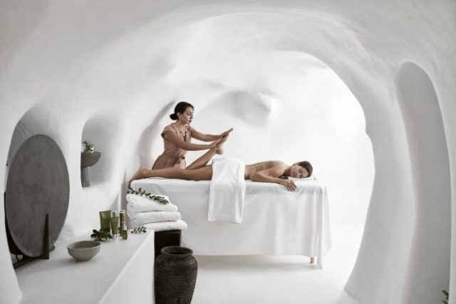 woman getting a spa treatment in Santorini