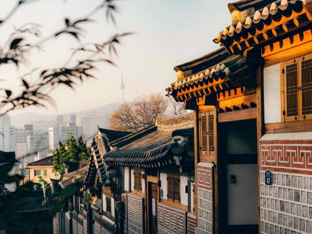 Bukchon Hanok Village street at sunrise, Seoul, South Korea