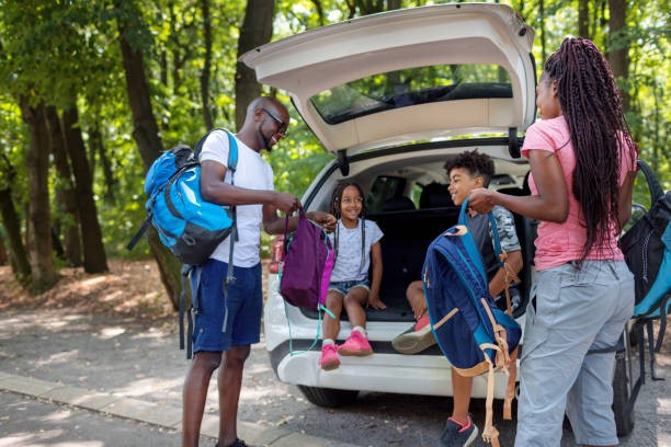 family getting ready for a hike