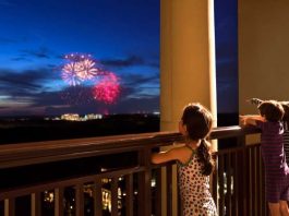 kids watching fireworks from the hotel