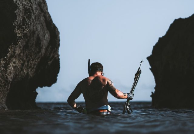 man spearfishing