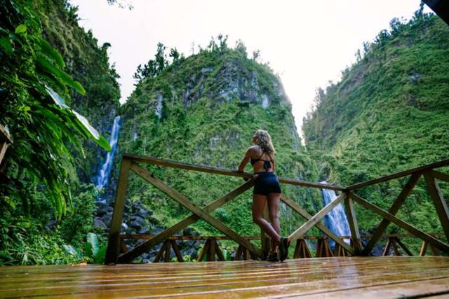 Women on bridge in jungle