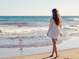 Young Woman Beach Dress White Dress Walking