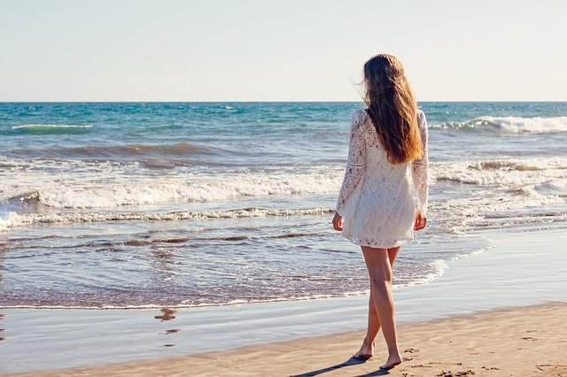 Young Woman Beach Dress White Dress Walking