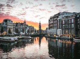Sunset over Muntplein in Amsterdam.