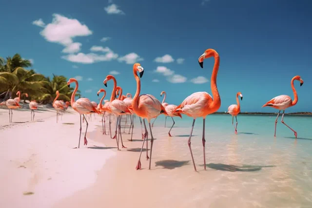 Flamingos standing on a beach in Bonaire