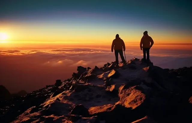 climbers on the top of Mount Kilimanjaro in Tanzania