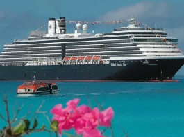 A large multi-deck cruise ship with the label "Holland America Line" anchored in clear turquoise waters. In the foreground, there's a smaller orange and white boat floating on the water. Vibrant pink flowers are visible in the lower right corner, providing a contrast to the vast blue sea backdrop. The sky above is clear and blue.
