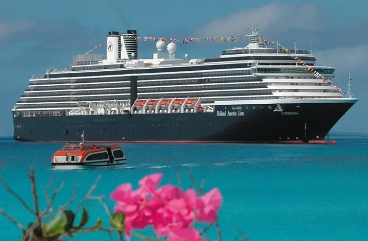 A large multi-deck cruise ship with the label "Holland America Line" anchored in clear turquoise waters. In the foreground, there's a smaller orange and white boat floating on the water. Vibrant pink flowers are visible in the lower right corner, providing a contrast to the vast blue sea backdrop. The sky above is clear and blue.