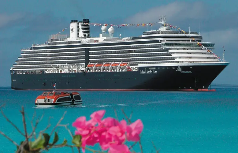 A large multi-deck cruise ship with the label 