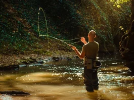 A fisherman fishing with fly fishing in the flowing stream