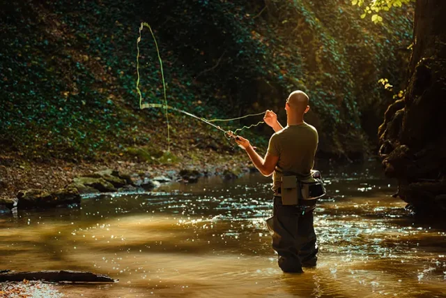 A fisherman fishing with fly fishing in the flowing stream