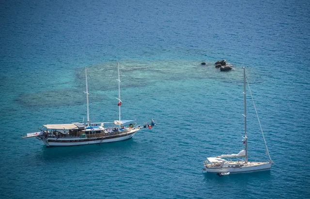 Gulet sailing boat in Kekova Bay, Antalya Province, Lycia, Anatolia, Mediterranean Sea, Turkey