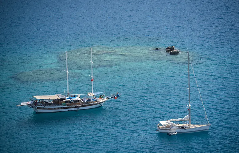 Gulet sailing boat in Kekova Bay, Antalya Province, Lycia, Anatolia, Mediterranean Sea, Turkey