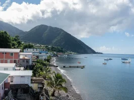 Rocky beach in Dominica, Roseau. Caribbean coastal city with access to the sea.
