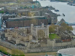 Views from the Sky Garden at the Tower of London and the Tower bridge crossing over the River Thames.