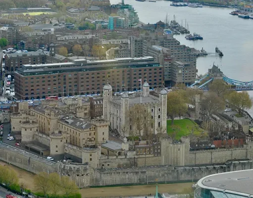 Trick or Travel: The World’s Most Haunted Hot Spots Views from the Sky Garden at the Tower of London and the Tower bridge crossing over the River Thames.