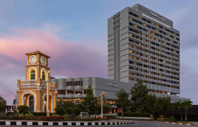 Outside view of the Courtyard Phuket Town. Ideally located near Phanga Road in the city center of Phuket Old Town