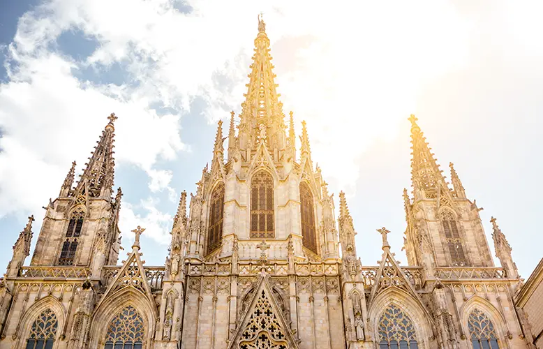 Close-up view on the Cathedral of Santa Eulalia in Barcelona city