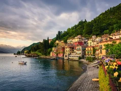 Exploring the Italian Lake District Sunset over the beautiful town of Varenna, Lake Como, Lombardy, Italy