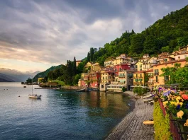 Sunset over the beautiful town of Varenna, Lake Como, Lombardy, Italy