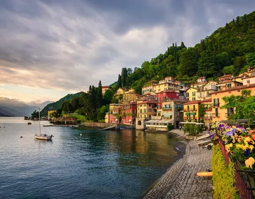 Exploring the Italian Lake District Sunset over the beautiful town of Varenna, Lake Como, Lombardy, Italy