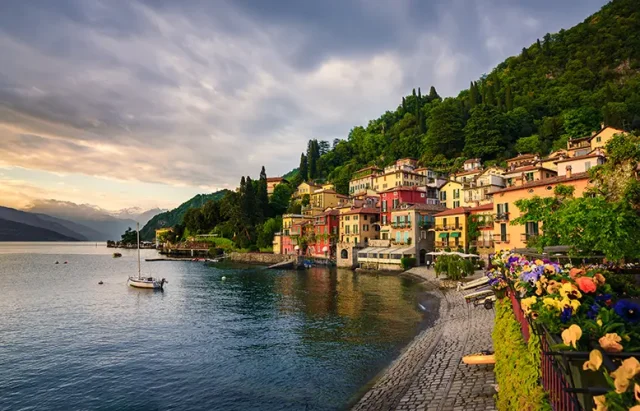 Sunset over the beautiful town of Varenna, Lake Como, Lombardy, Italy