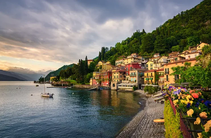 Sunset over the beautiful town of Varenna, Lake Como, Lombardy, Italy