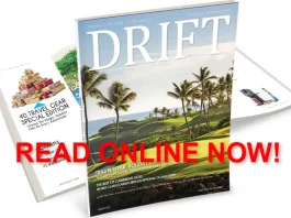 DRIFT Travel Magazine with a beautiful tropical golf course on the cover under a clear blue sky.