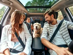How CBD Treats Can Promote a Calm and Relaxed Dog: Insights The whole family is driving for the weekend. Mom and Dad with their daughter and a Labrador dog are sitting in the car.