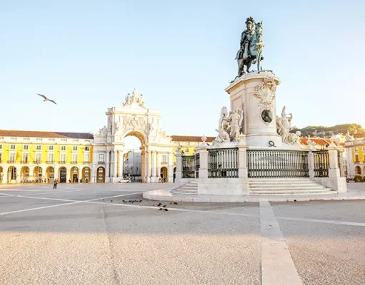 Lisbon voted Best Urban Destination in Europe Morning view on the Commerce square with statue fo king Joseph and Triumphal arch in Lisbon city, Portugal