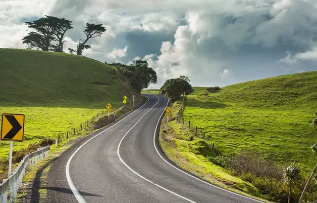 Scenic Road among green hills in New Zealand.
