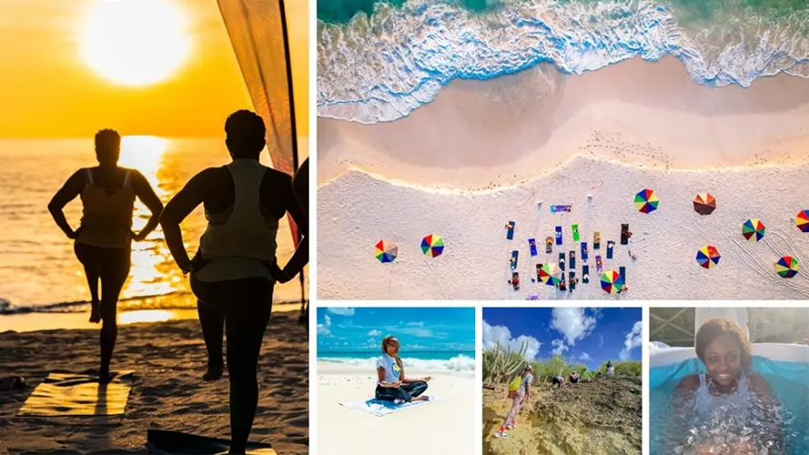 The photo is a collage of five images that celebrate beach and wellness activities, likely linked to a specific event or theme such as Antigua Barbuda Wellness Month