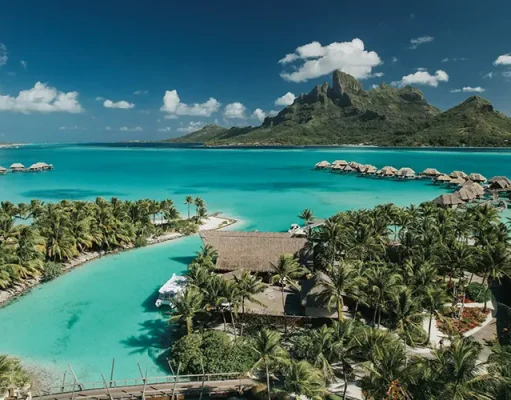 Enjoy Unparalleled Exclusivity with a Complete Island Buyout of Four Seasons Resort Bora Bora Aerial view of Four Seasons Resort Bora Bora, French Polynesia's finest resort.