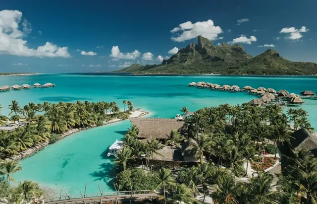 Aerial view of Four Seasons Resort Bora Bora, French Polynesia's finest resort.