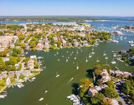 A Traveler’s Guide to Maryland Aerial view of the Maryland harbor with ships and boats in Annapolis, Maryland, United States